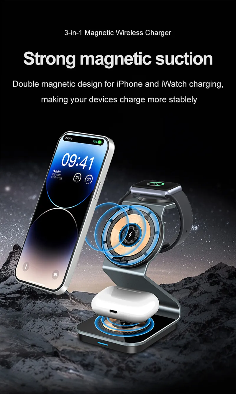 Cargador de coche inalámbrico 3 en 1 para iPhone/Apple Watch/AirPods,  soporte de carga de auto con sujeción automática, cargador de teléfono para