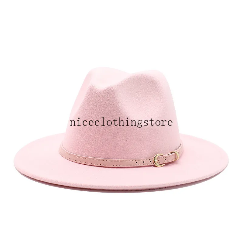 Mode Männer Frauen Breitkremp Pink Gürtel Kleid Hut Wolle Filz Hut Fashion Party Jazz Trilby Fedora Hut Großhandel