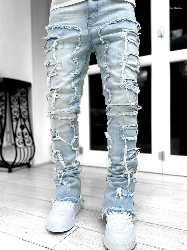 Jeans da uomo, pantaloni lunghi aderenti con toppe individuali, primavera e autunno, per uomo_voghion.com