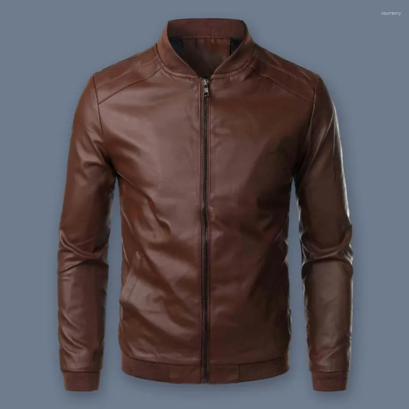 Men's Jackets Full Zipper Men Coat Faux Leather Biker Jacket Stylish Windproof Baseball With Stand Collar For Spring