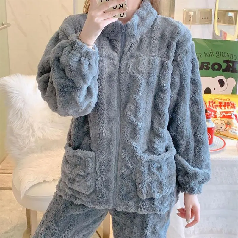 Dames slaapkleding vrouwen warme koraal fleece pyjama's sets voor winter 2023 flanel huis met hoge kraag ritssluiting bovenkant van 2 stand