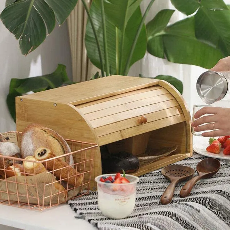 Garrafas de armazenamento de bambu rolo de madeira tampo caixa de pão caixa de cozinha capa de pão recipiente de pão