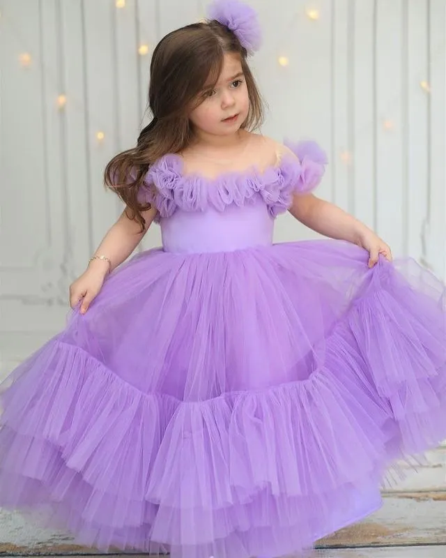 2023 Lavendel Sheer Neck Flower Girl Dresses A-Line TuLle Tiers Satin Vintage Lit Tle Girl Peateant Jurken Jurken Zj407