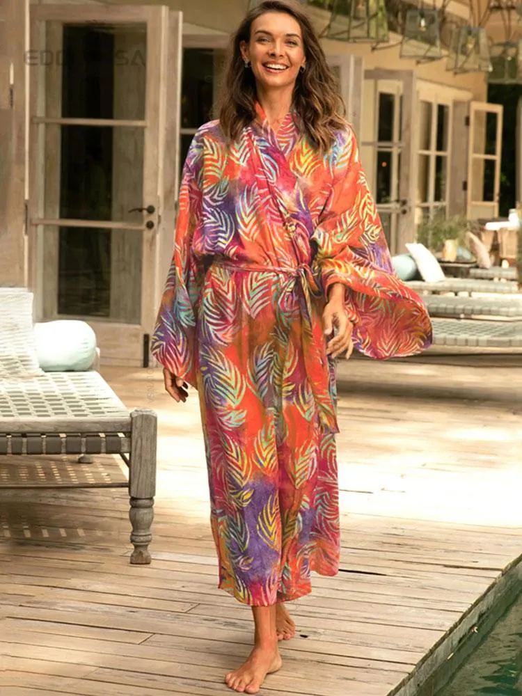 Casual Printed Long Sleeve Self Belted Kimono Maxi Dress Cover up for Women