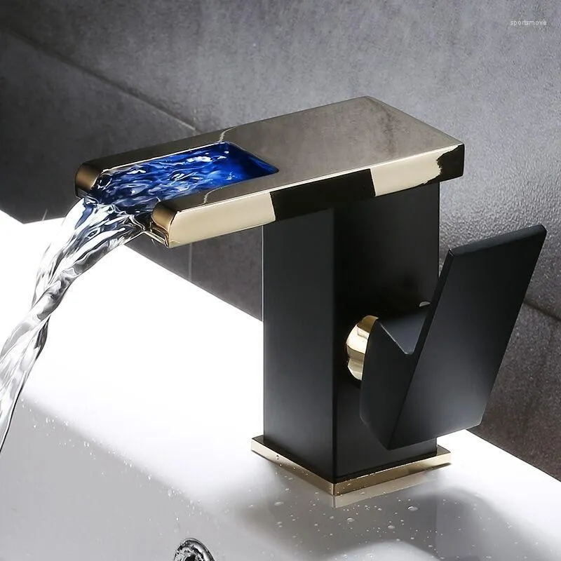 Robinets De Lavabo De Salle De Bains Robinet De Cascade En Or Noir Led Couleur Changeante Armoire De Table De Lavabo Américain Et Froid Monotrou