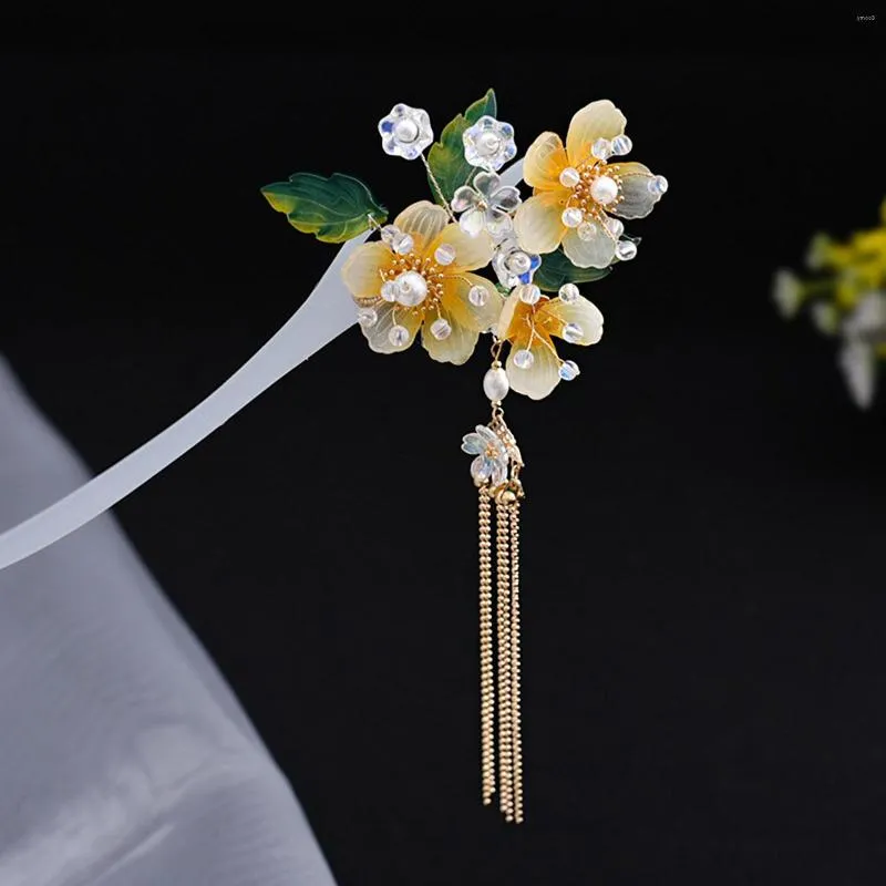 Hair Clips Pearl Hairpin Chinese Stick Yellow Floral Beaded Clasp Headpiece For Women Vintage Girl Hanfu Prom Tiaras Jewelry