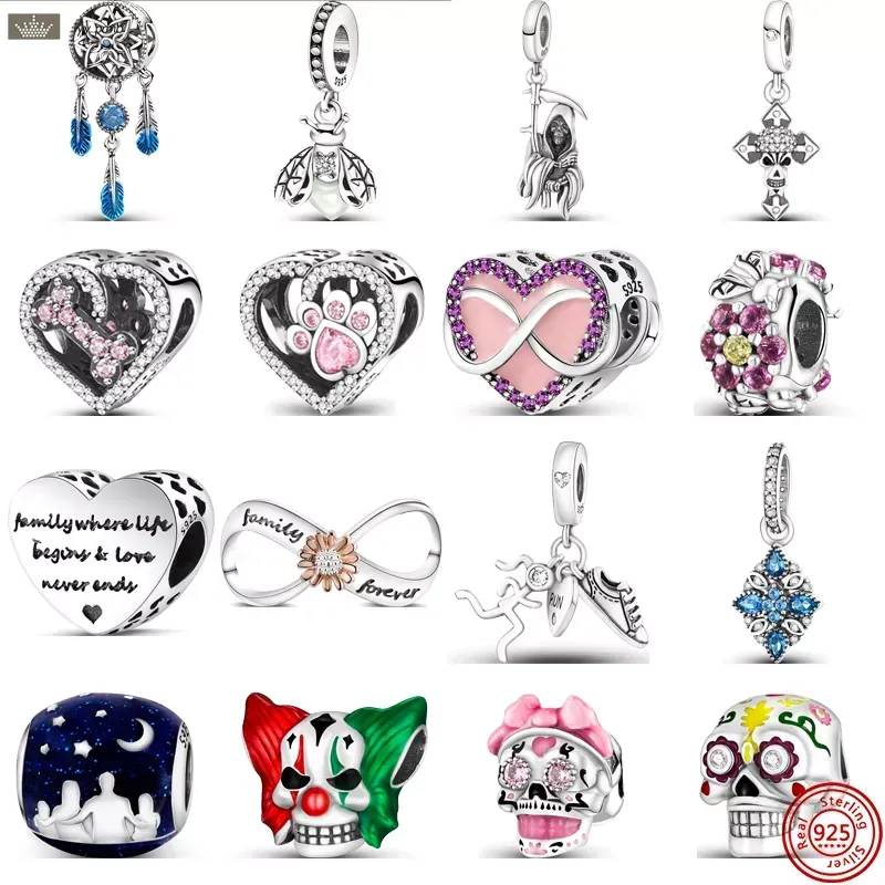 925 Silver Fit Pandora Charm 925 Bracelet Skull Joker Feather Paw Print Heart Flowers Forever Charms For Pandora Charms Sieraden 925 Charm kralenaccessoires