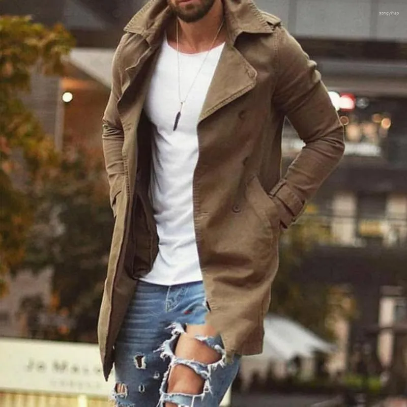 Jackets de jaquetas homens masculino casaco de trincheira elegante slim ajuste de comprimento médio bolsos de lapela à prova de vento soltos