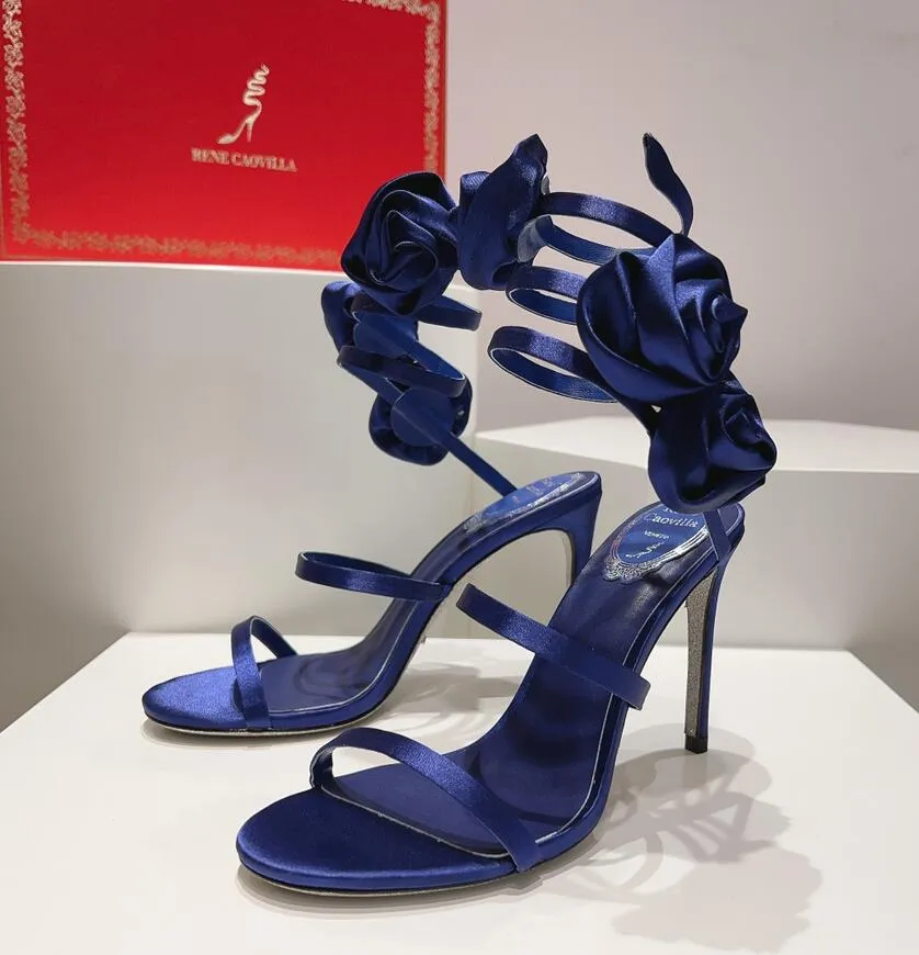 صيف 2023 Rene Lady Cleo Sandals حفل زفاف حفل زفاف ثياب High Heel Wedding Shoes Lace مع الزهور الحريرية رومانسية أحذية نسائية Rhinestone Snake Box