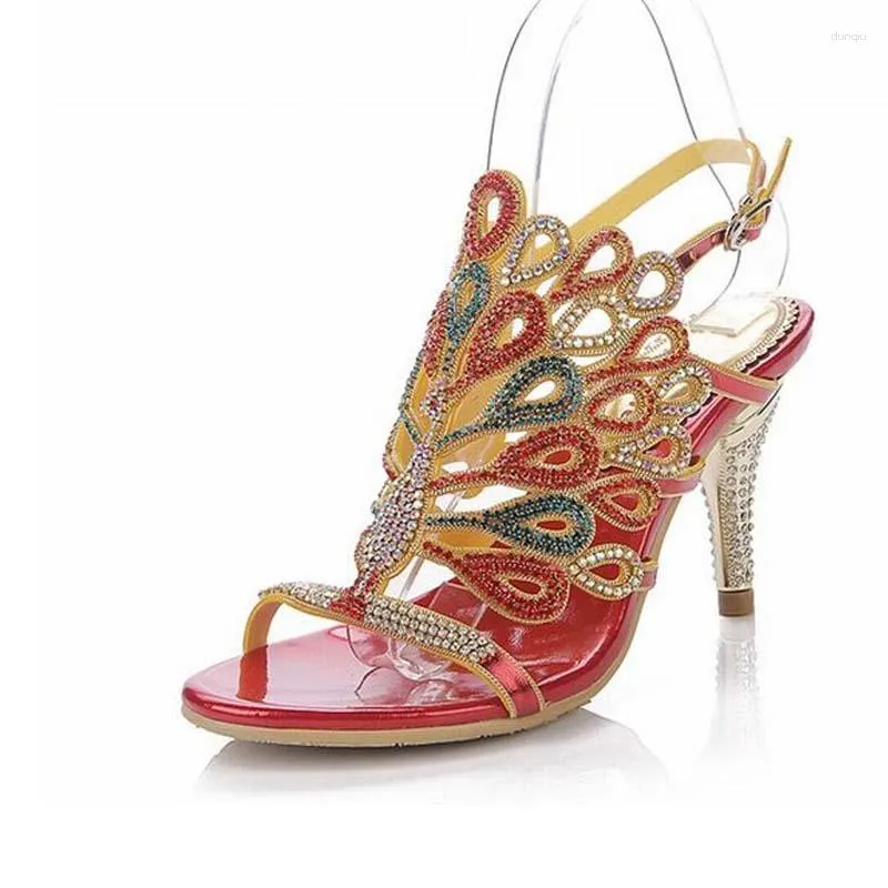 Sandaler Kvinnor Fashion 2023 Färgglad Crystal Peacock Thick/Thin High Heels Rhinestone Female Shoes Summer Party Wedding Pumps