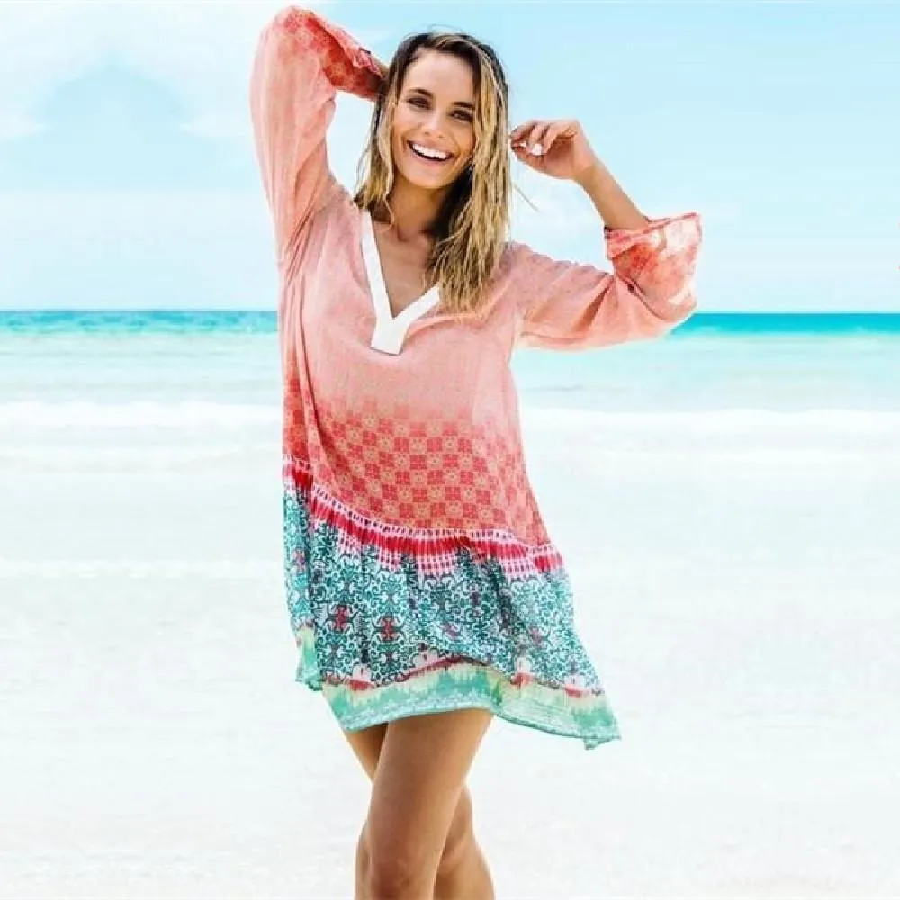 Szybkie druk szyfonowy Pareo plażowa pokrywka 2022 BIKINI Cover Up Bathing Suit Szybkie sukienka na plażę plażową szatę de Plage #Q430