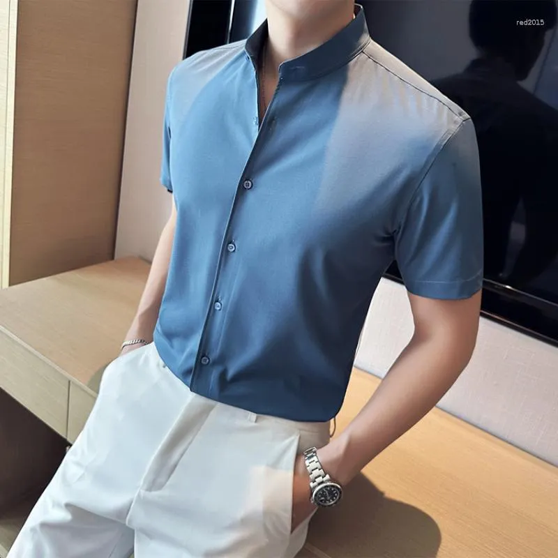 Men's Casual Shirts Clothing Stretch Crew Neck Business Office Short-sleeved Shirt High Quality Slim-fit Stand Collar Dress