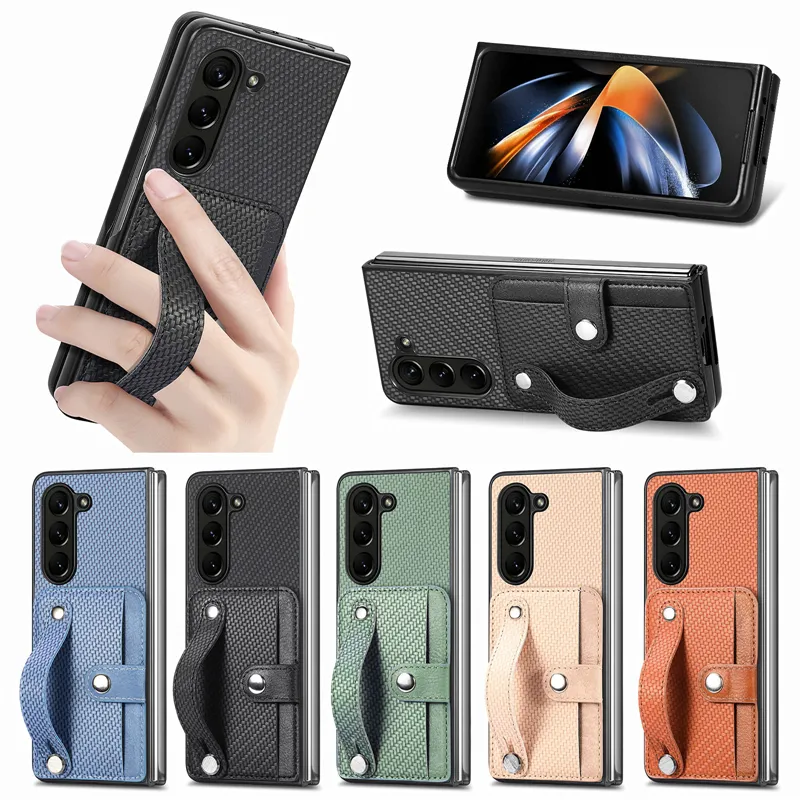 Fold5 Weave Wallet Card Slot Folding Shell for Samsung Galaxy Z Fold 4 2 Fold3 Fold 5 5G Wristand Ring Kickstand Carbon Fibre Case