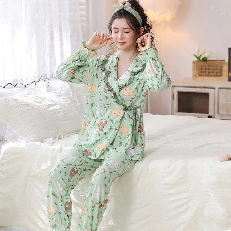 Women's Sleepwear Autumn Pyjamas Women Pajama Sets Lovely Animal Print Japanese Kimonos For Big Yards 5XL Modal Cotton Yukata Robes Set