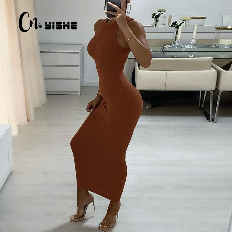 Basic Casual Dresses CNYISHE Ribbed Knitted Autumn Black Maxi Dress Women Sexy Party Bodycon Long Dress Round Neck Tight Dresses Robes Sundress 230815