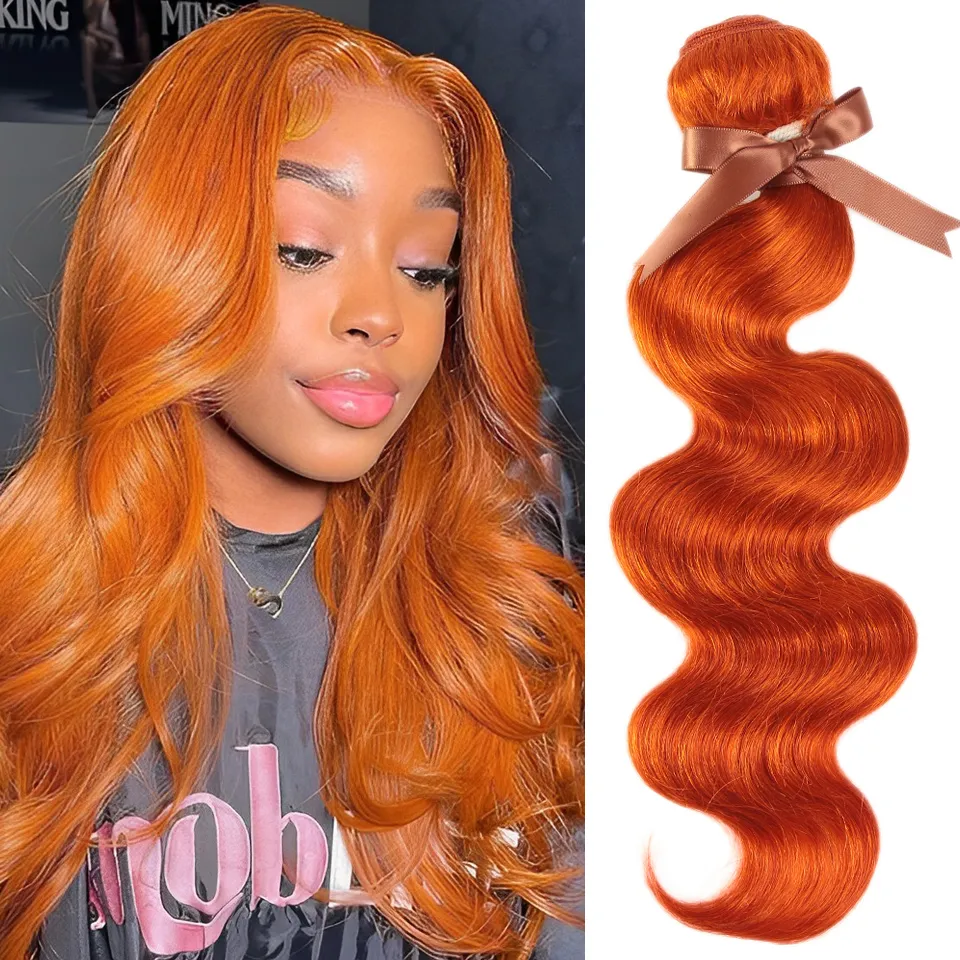 Orange Human Hair Bundles for Women 28 Inch Red Remy Brazilian Hair Extensions Single Bundles Body Wave Hair Bundles