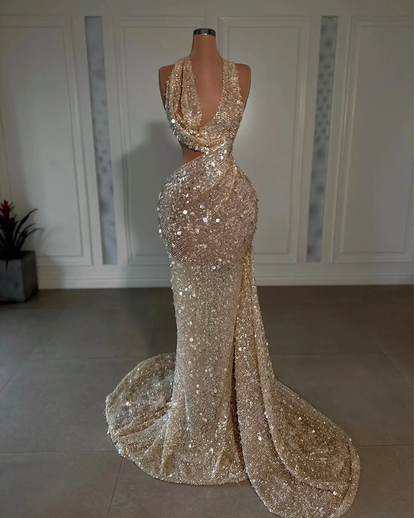 Gold Sequin Mermaid Gold Sparkly Prom Dress with Cutway Waist - Perfect for Formal Evening Events and Pageants