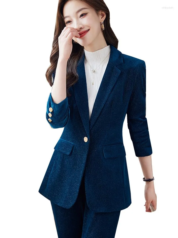 Pantalones de dos piezas para mujer, traje de pantalón azul café para mujer, chaqueta y pantalón para mujer, ropa de trabajo de negocios para mujer, conjunto Formal de 2 para otoño