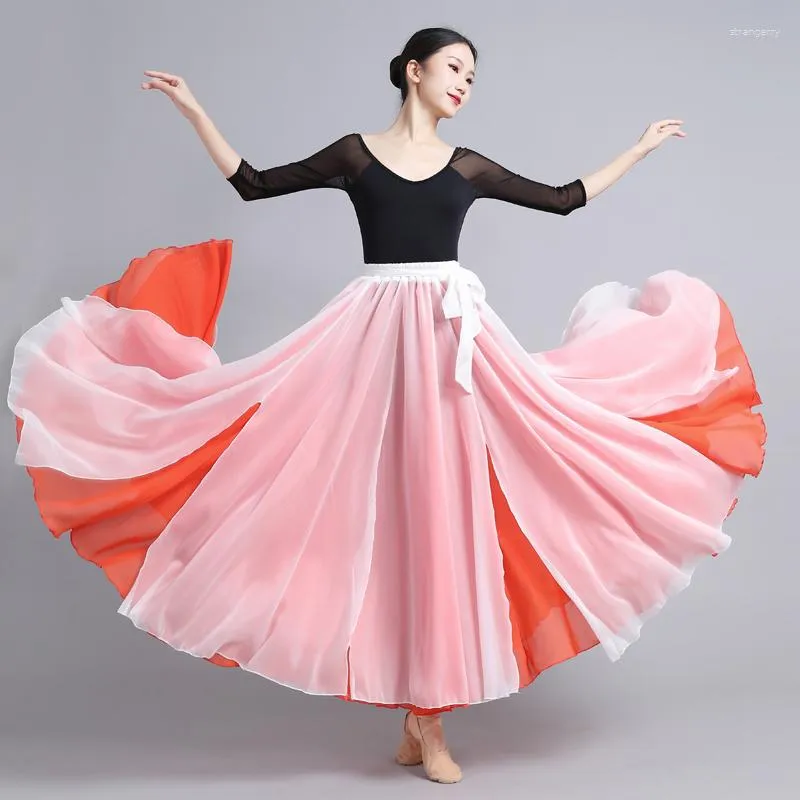 Skirts TingYiLi White-Orange Two-Layer Big Swing Slit Dance Skirt Women's 100cm Floor-Length Long Maxi Korean A-line Beach