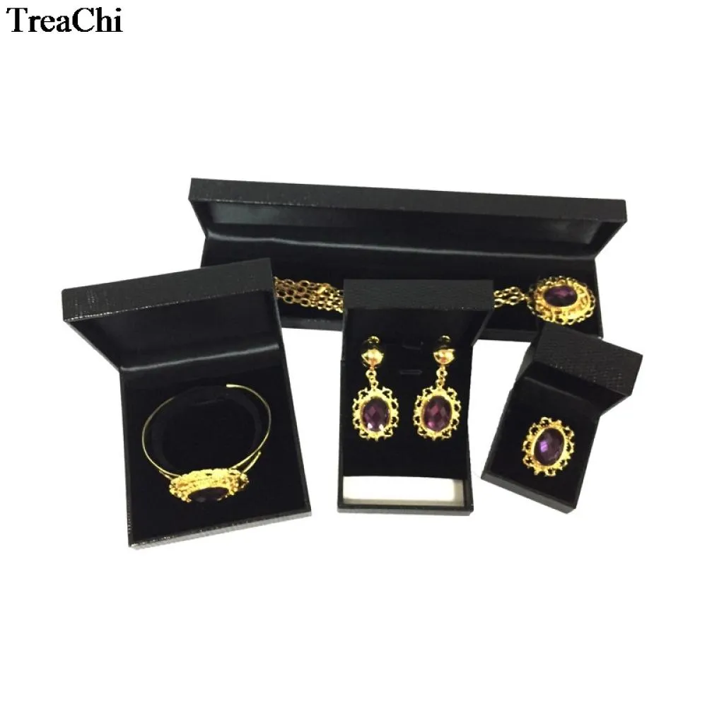 Fine Set Jewelry Package Box Black Texture Leatherette Wedding Ring Bracelet Pendant Necklace Organizer Engagement Gift Box