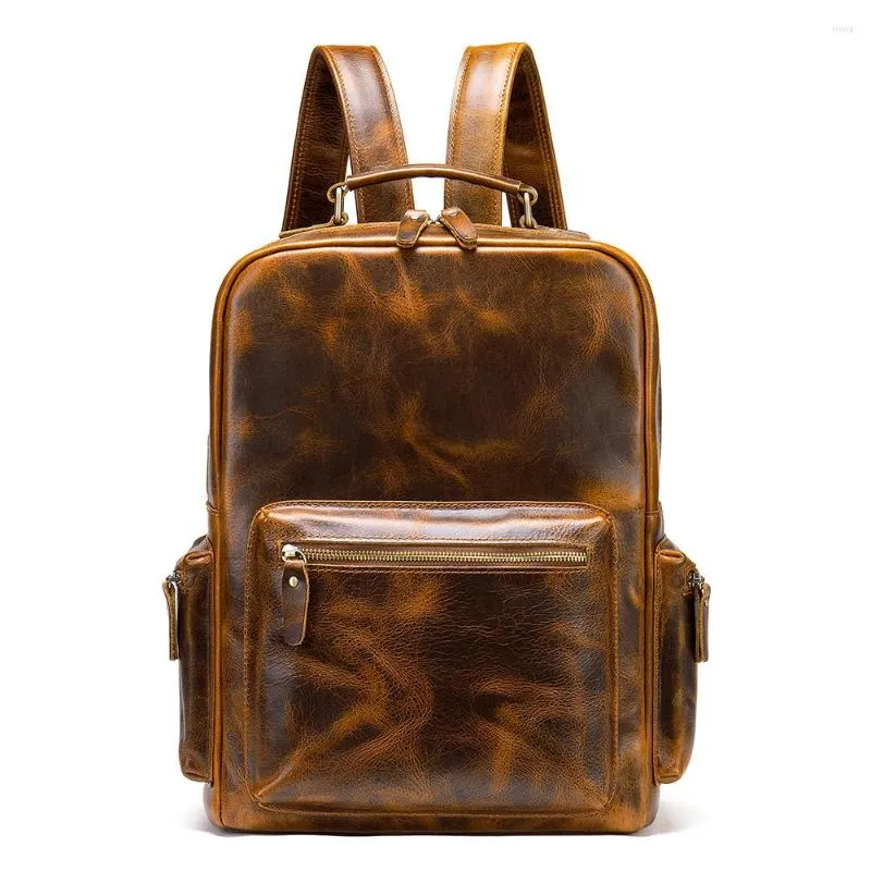 Backpack Male Crazyhorse Leather Laptop For Men Travel Daypack Vintage Schoolbag Portable Designer Rucksack 8873