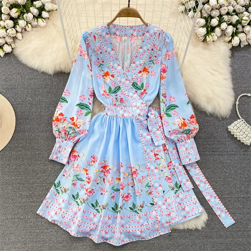 Basis Casual jurken Spring Summer Women V-Neck High Taille Lace-Up Floral Printed Dress Korean Slim Lagle Sleeves A-Line-jurken Blue Vestidos 2024