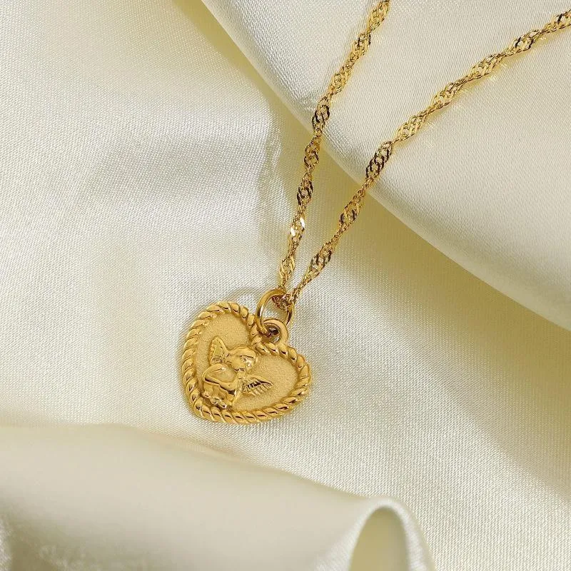 Collares pendientes Corazón Moneda Ángel Bebé Pequeño collar Hombres y mujeres Cadena de clavícula de Cupido Regalo de joyería de acero inoxidable