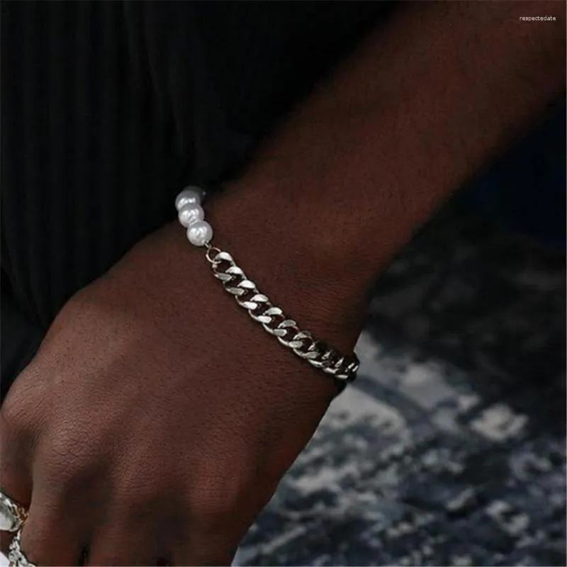 Charm Bracelets Hip Hop Pearl Cuban Chain Panel Men Bracelet Retro Silver Color Alloy For Women Rock Street Jewelry