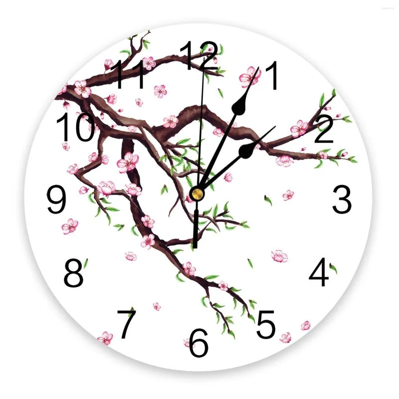Wall Clocks Spring Flower Leaves Sprout Cherry Large Clock Dinning Restaurant Cafe Decor Round Silent Home Decoration