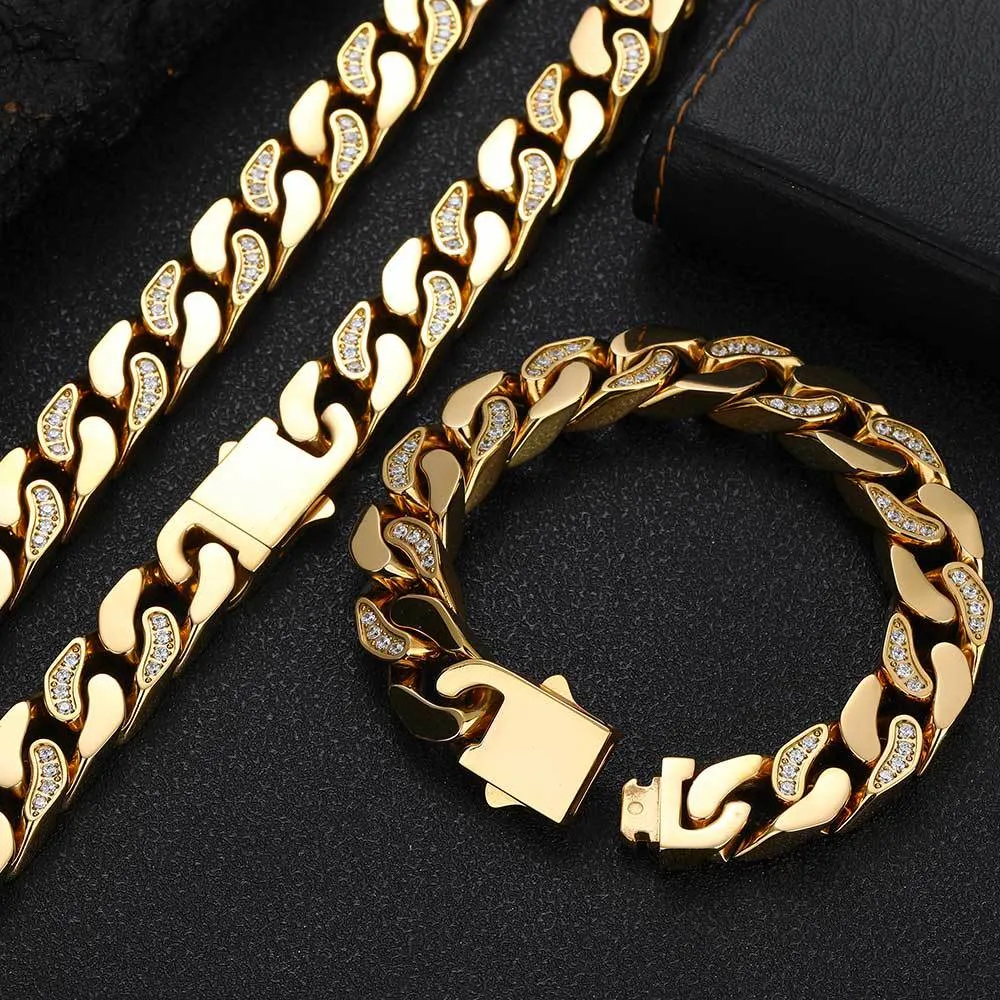 12mm 16-24-Zoll-Goldplattless-Stahl Bling Cz Cuban Kette Halskette 7/8/9-Zoll-Armband für Männer Frauen Mode Schmuck Geschenk