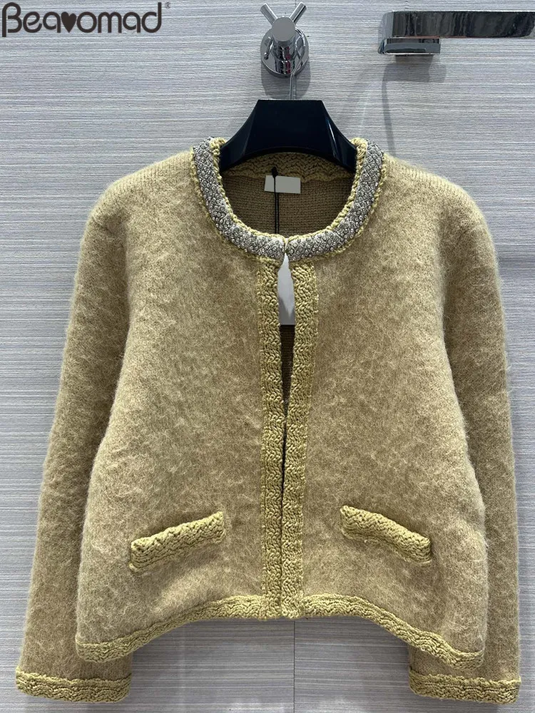 Womens Knits Tees Bearomad Runway Spring Autumn Vintage Champagne Color Knitting Cardigan Coat Long Sleeve Open Stitch Pockets 230818