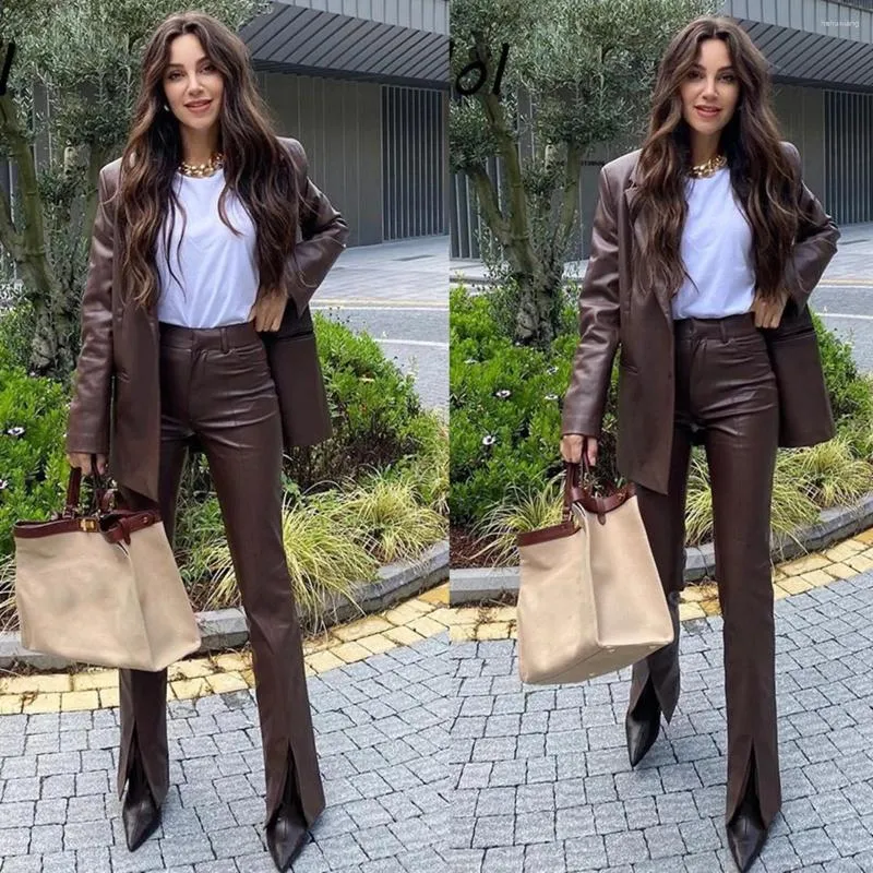 Brown Leather Two Piece Leather Suit Womens With Blazer And Slit  Customizable PU Daily Jacket For Streetwear, Casual Wear, And Chic Style  From Hehuixiang, $65.58