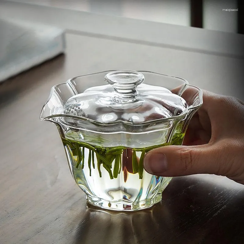 Skålar hög borosilikat glas kreativt baicai täckskål med filterhål hand grepp hushåll transparent te