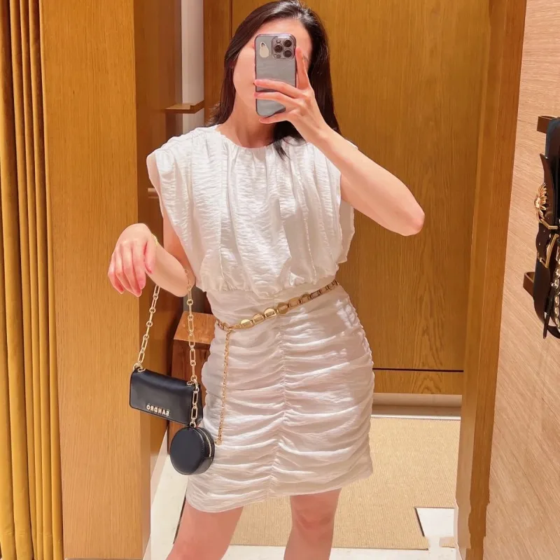 Sandro Women Dress sin mangas cuello redondo Pleado Mini Vestido Mini  Vestido