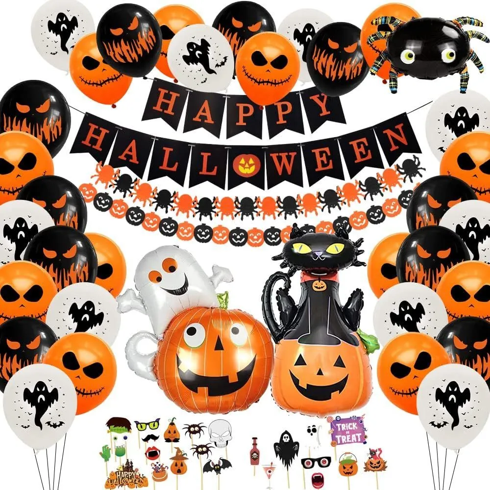 Andra evenemangsfestleveranser Halloween Decorations Balloon Kit med Happy Banner Po Props Spider Bat Witch Pumpkin Spirit Balloons 230818