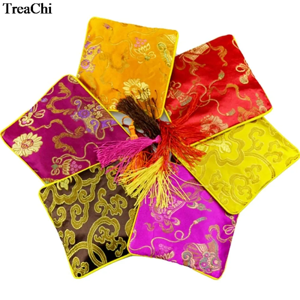 50 Pcs Square Chinese Silk Satin Tassel Jewelry Pouch Charm Zipper Wedding Party Favor Gift Bag Small Brocade Travel Pouch