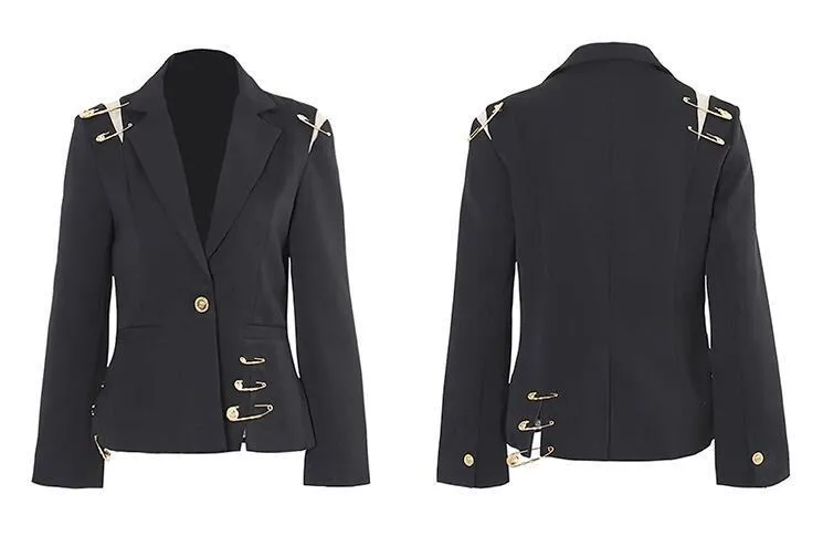 Femmes Vestes Femmes Blazer Noir Avec Épingle De Sûreté Dorée Mince Blazers À Manches Longues 230818