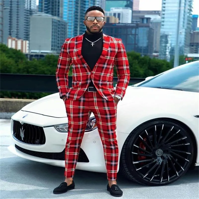 Men's Suits British Plaid 2 Pieces Red Men Modern Formal Customized Fit One Button Lapel Party Wedding Tuxedo Coat Pants