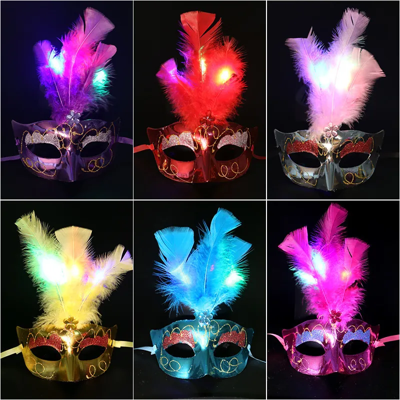 أقنعة الحفلات ضوء وميض LED Glow Feather Butterfly Mask Women Girls Venetian Mard Gras Masquerade Costume 230818