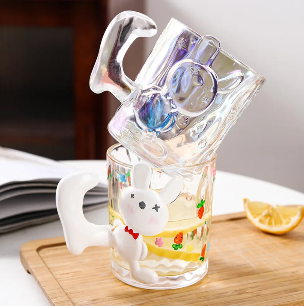 The latest 8.8oz cute rabbit cartoon glass coffee mug, many style choices, support customization of any logo