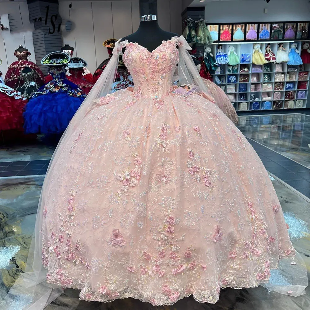 Pink Quinceanera Dresses 2023 Sweetheart Off Shoulder Princess Sweet 15 16 Years Old Birthday Prom Party Gown With Wraps 322