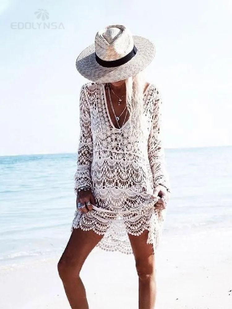 Cover-up Crochet Summer Beach Dress Cover Up Sexy scava fuori maglia tunica lavorata a maglia costume da bagno Coverup Womens Beach Sarong Robe De Plage A33