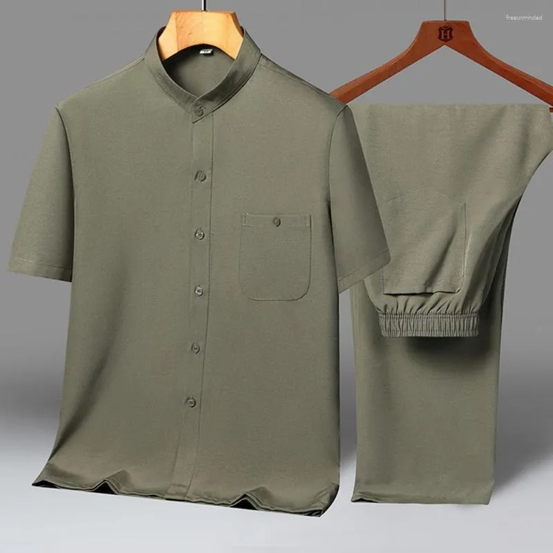 Męskie dresy 2-częściowe spodnie koszuli set kieszeń oddychalny lodowy jedwabny Jedwabny Spodnie sprężyste stojak na strój letni