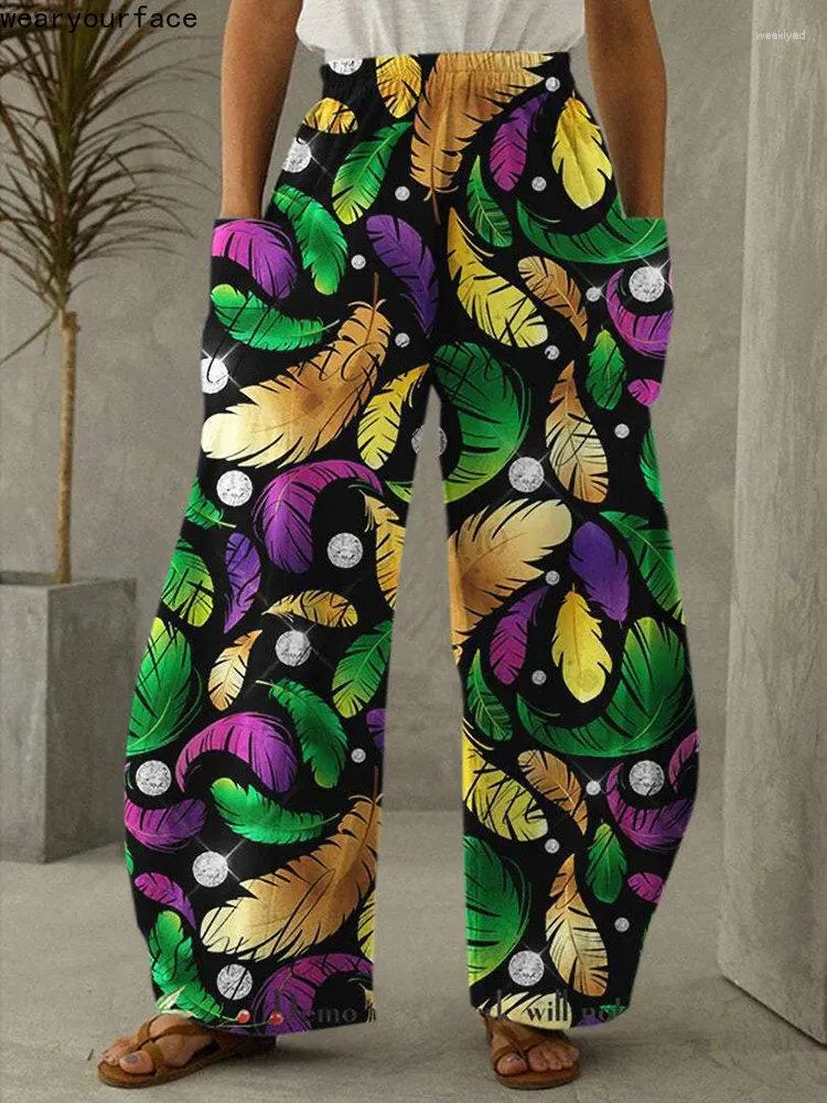 Women's Pants Wide Leg Full Length Clown Feather Graphics Pattern Printed Thin Hipster Fashion Summer Streetwear Trousers Women Clothing