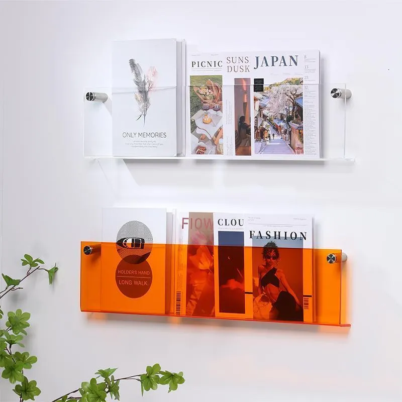 Novelty Items Colored Acrylic Book Shelf Creative Storage Shelf Wall Mounted Perforated Free Magazine Wall Mounted Reading Display Shelf 230818