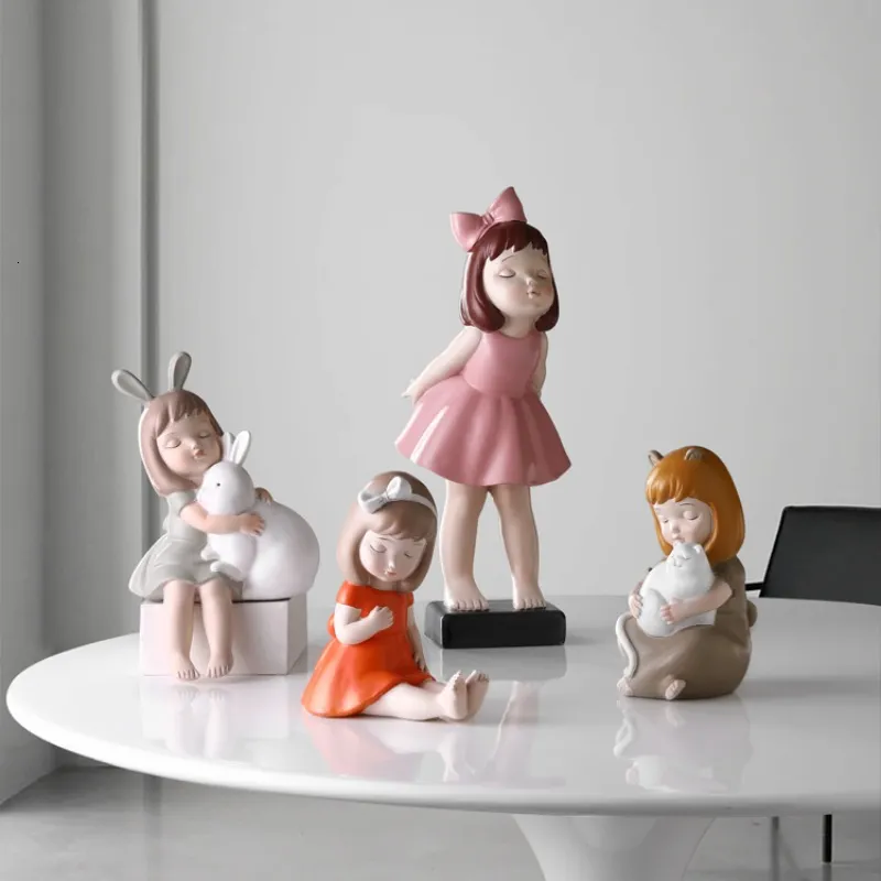 Objets décoratifs Figurines Nordic Cute Girl Résine Statue Ornement Salon Tv Cabinet Enfants Décoration De Bureau Accessoires Cadeau D'anniversaire 230818