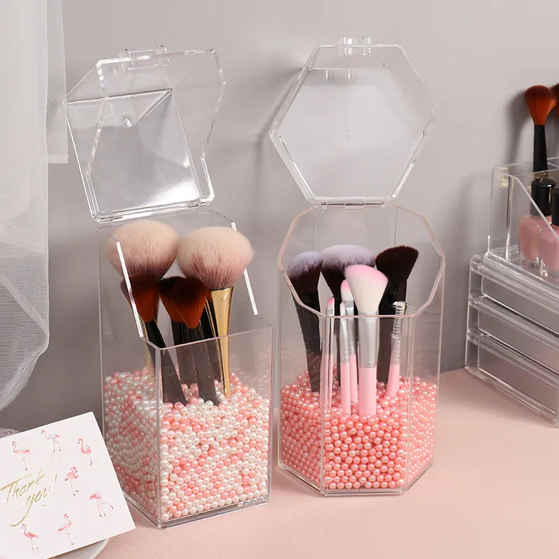 Aufbewahrungsboxen Mülleimer transparenter Acryl -Make -up -Bürstenhalter Organizer Kosmetische Bleistiftlippenstiftschalter Container Tischbox 230818