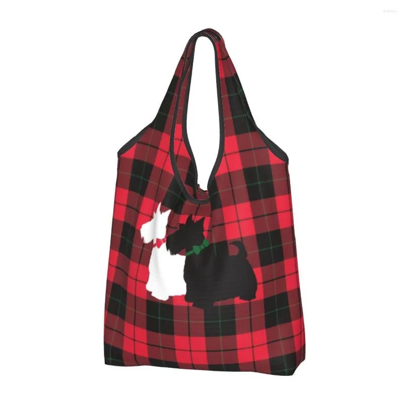 Shopping Bags Kawaii Tartan Scottie Dog Tote Bag Portable Scottish Terrier Groceries Shopper Shoulder