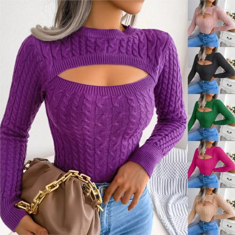 Kadın Sweaters Sıradan Sonbahar ve Kış Moda Katı Yuvarlak Boyun Külot Konforlu Hollow Fried Hamur Twists Uzun Kollu Sweater