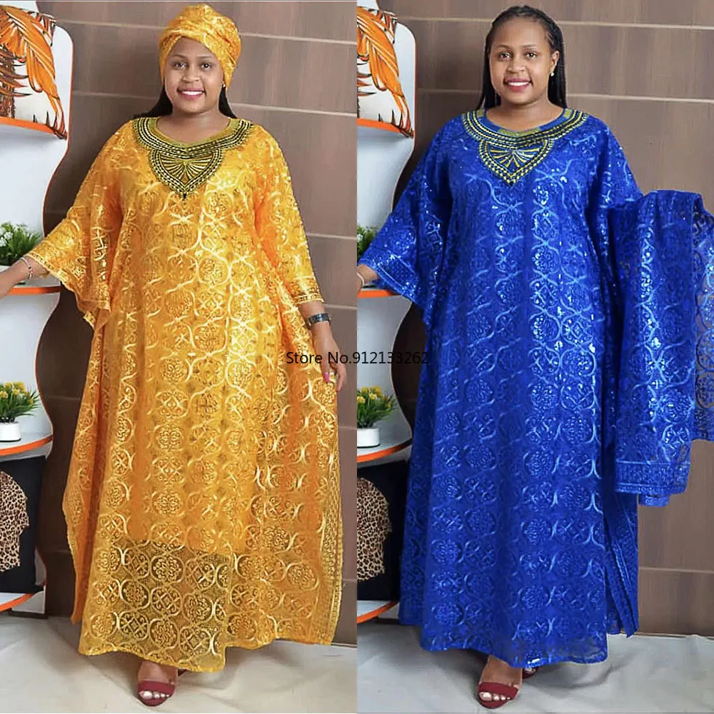 Ethnic Clothing Dashiki African Dresses for Women Spring Summer Blue Yellow Oneck Long Dress Inner and Headtie Clothes 230821